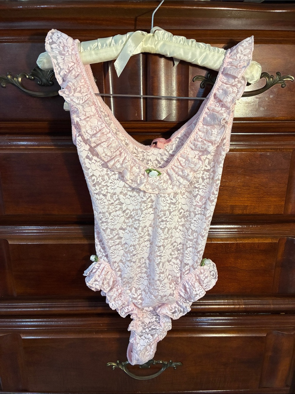 Sugar Thrillz Pale Pink Lace Teddy Bodysuit with Bow Accent
